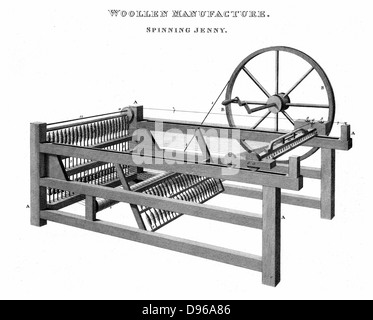 Spinning Jenny  - Invented by James Hargreaves (c1720-78) in 1764. Copperplate engraving 1820 Stock Photo