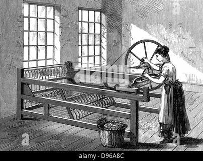 Woman using Spinning Jenny - Invented by James Hargreaves (c1720-78) in 1764. Wood engraving  c1880 Stock Photo