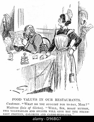 The effect of university education for women on everyday life. Cartoon from 'Punch', London, 14 February 1917.  Waitress, late of Girton College, Cambridge, is able to advise surprised diner on the nutrition he will derive from his meal. Stock Photo