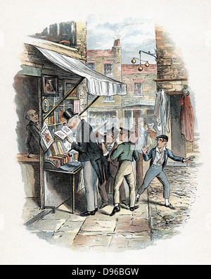 The Artful Dodger picking a pocket to the amazement of Oliver Twist. Illustration by George Cruikshank (1792-1878) for Charles Dickens 'Oliver Twist' 1837-1839. Stock Photo