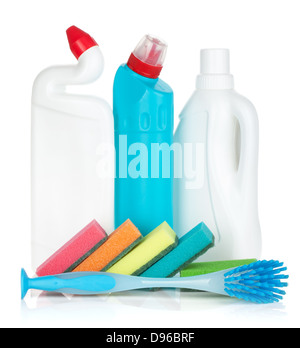 Plastic bottles of cleaning products, sponges and brush. Isolated on white background Stock Photo