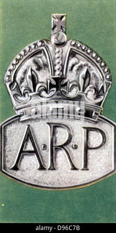 Air Raid Precautions': Set of 50 cards issued by WD & H0 Wills, Britain 1938, in preparation for the anticipated coming of World War II.  Representation of Air Raid Precautions (ARP) badge. Stock Photo
