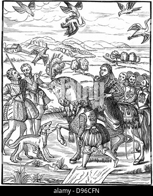 Elizabeth I (1533-1603) Queen of England and Ireland from 1558.  Elizabeth and her attendants out hawking. Queen rides side-saddle, on left man has just released his hawk, while top centre a hawk is bringing down a bird. Woodcut from George Turbevile or Turbeville 'Booke of Faulconrie' 1575 Stock Photo