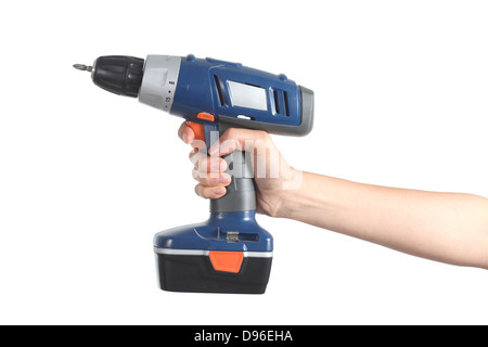 Profile of a woman hand holding a battery drill isolated on a white background Stock Photo