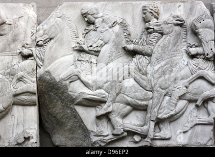 Detail from the Parthenon Frieze. Greek marble sculpture, made between 443-438 BC. The full frieze shows a narrative procession of men, women & horses. Stock Photo