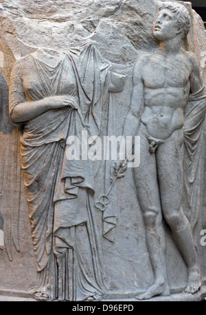 Sculpted marble column drum. Circa 325-300 BC. Found in Ephesus at the temple of Artemis. This view shows a draped woman (possibly Alcestis or Eurydice), and a figure of Hermes Psychopompos. Stock Photo