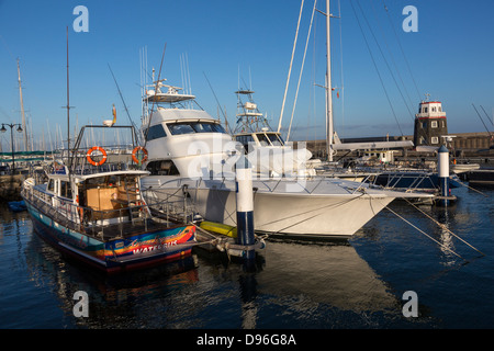 Boats moored in harbour, Puerto Calero, Lanzarote, Canary Islands, Spain Stock Photo