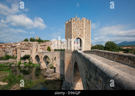 Medieval bridge at the entrance of the town of Besalu. Catalan Landscape Stock Photo