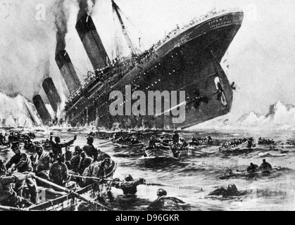 The loss of SS Titanic, 14 April 1912: The lifeboats. All that was left of the greatest ship in the world - the lifeboats that carried most of the 705 survivors.  Operated by the White Star Line, SS Titanic struck an iceberg in thick fog off Newfoundland. Stock Photo