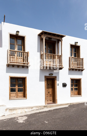 Canarian balconies on house in Haria town, Lanzarote, Canary Islands, Spain Stock Photo