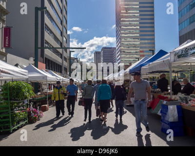 people walking in downtown farmer's market in Edmonton Stock Photo
