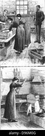 Nobel Explosives Company Limited, Ardeer, Ayrshire.   Top: Mixing house, with women rubbing Dynamite. Bottom: Woman filling cartridges with Dynamite using a  filling machine.  From 'The Illustrated London News', 16 April 1884 Stock Photo
