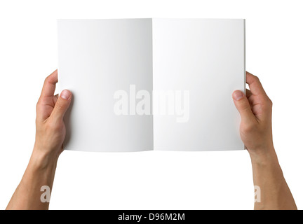 overhead view of hands holding a blank book ready with copy space ready for text, isolated on white, with clipping path Stock Photo