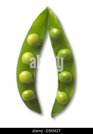 overhead view of green peas in a pod isolated on white with clipping path Stock Photo