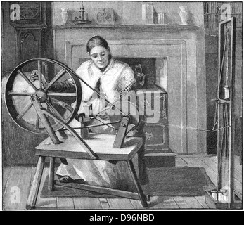 Spitalfields silk worker winding silk in her cottage, London, England, late 19th century. This enclave of the silk industry was founded by Huguenot refugees from France after Louis XIV's Revocation of the Edict of Nantes (1685). Engraving, 1893 Stock Photo