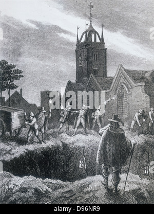 Consigning bodies of the plague to a communal grave in the plague pit - Plague of London, 1665.  Nineteenth century illustration. Stock Photo