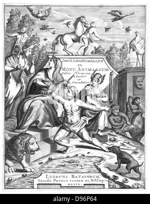 Half-title of 'De Motu Animalum' Giovanni Borelli, (Leyden, 1710). Giovanni Alfonso Borelli (1608-1679), Italian physiologist and physician, first published this book in 1680-1686, and in it he attempted to explain the movement of the animal body according to the laws of statics and dynamics. Engraving. Stock Photo