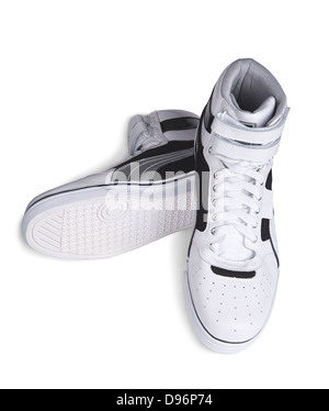 Pair of stylish white sneakers on color background, flat lay Stock ...