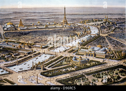 Bird's-eye view of the Paris Expositon of 1900, Eiffel Tower in the background. Chromolithograph. Stock Photo