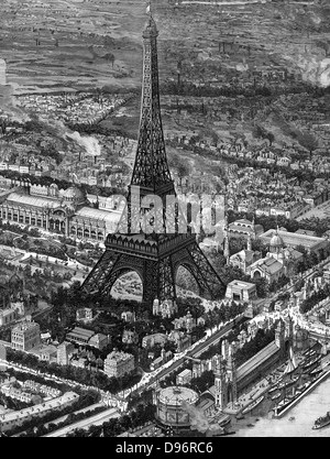 Bird's-eye view of the Eiffel Tower at the time of the opening of the Paris Exposition of 1889. Wood engraving. Stock Photo