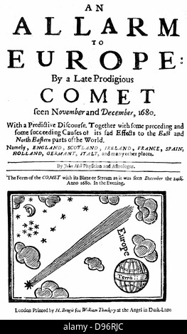Title page of pamphlet by John Hill on the comet of December 1680 (Kirch).  At this date comets were still considered by many people to be phenomena of ill omen and were viewed with superstitious awe. Stock Photo