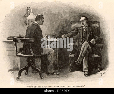 The Adventure of the Final Problem'. Sherlock Holmes calling on Dr Watson to ask for his help to defeat his adversary, Professor Moriarty, '… the Napoleon of crime, …'. Illustration by Sidney E Paget (1860-1908) for 'The Adventures of Sherlock Holmes' by Arthur Conan Doyle in 'The Strand Magazine' (London, 1893). Paget was the first artist to draw Holmes. Stock Photo