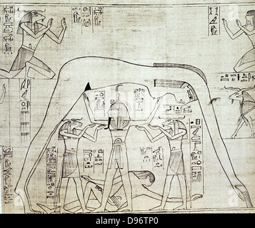 Ancient Egyptian cosmos: goddess Nut (sky) with Qeb (earth) reclining. Shu, standing, representing air with ram-headed god on either side. From Greenfield Papyrus (funerary papyrus of the Princess Nesitanebtashru) c970 BC Stock Photo