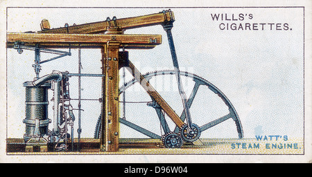 Steam engine by James Watt (1736-1819) showing sun-and-planet gear converting up-and-down motion of beam to rotary motion for driving machinery. From card published London 1915. Chromolithograph. Stock Photo