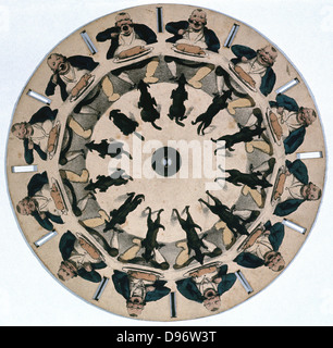 Fantascope: optical toy depending on persistence of vision for its effect. Picture spun on spindle and its reflection viewed in looking glass (mirror), giving impression of man eating and dog jumping up to steal food. From TM Baynes 'Fantascope', Ackermann, London, 1833. Aquatint . Stock Photo