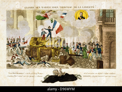 Revolution in France, 1830: Uprising in Paris 27, 28 and 30 July. 'Glory to the Barricades, Cradle of Liberty!' Allegorical print supporting Louis Philippe.Hand-coloured engraving. Stock Photo