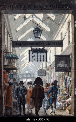 Le Passage des Panoramas', 1807. Covered shopping arcade in Paris, opened 1799. Louis-Philibert Debucourt (1755-1832) French painter. Gouache. Stock Photo