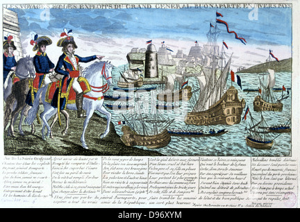 France, Directoire (1799-1804). The Travels and Exploits of General Bonaparte in Various Countries. Napoleon Bonaparte (1760-1821). French popular coloured engraving. Stock Photo