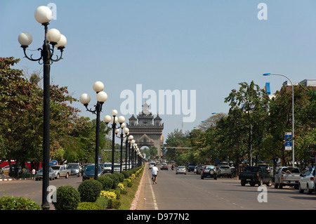 Horizontal view of the Victory Gate or Patuxai in central Vientiane on a sunny day. Stock Photo