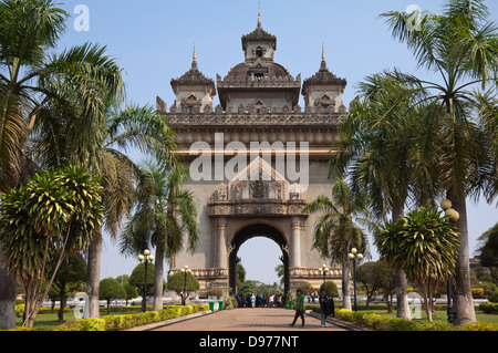 Horizontal view of the Victory Gate or Patuxai in central Vientiane on a sunny day. Stock Photo