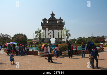 Horizontal view of the prominent Victory Gate or Patuxai in central Vientiane on a sunny day. Stock Photo