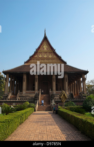 Vertical view of the front of Wat Ho Phra Keo, or the Temple of the Emerald Buddha in Vientiane on a sunny day. Stock Photo