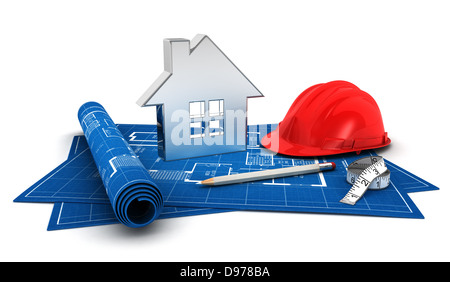 3d house project, with blueprint,helmet,pencil,steel house icon and meter, isolated white background, 3d image Stock Photo