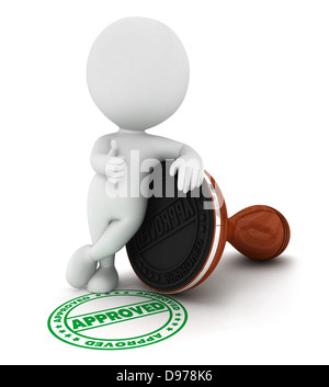 3d white people approved wood rubber stamp in a positive pose, isolated white background, 3d image Stock Photo