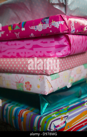 A pile of girls wrapped birthday presents Stock Photo