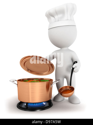 3d white people cooking soup in a copper pan, isolated white background, 3d image Stock Photo