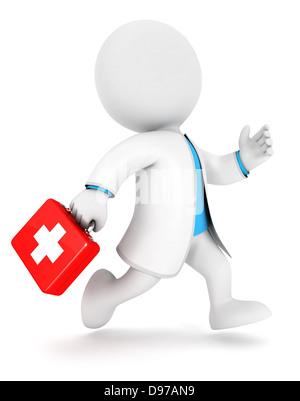 3d white people. Doctor running with a first aid kit. Isolated white ...