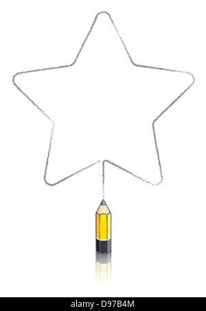 Empty Fat Five round pointed Star Message Panel Drawn by Small Yellow Lead pencil with a Reflection Stock Photo