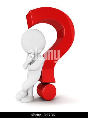 3d white people leaning back against a red question mark, isolated white background, 3d image Stock Photo