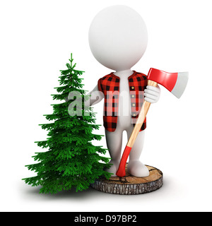 3d white people lumberjack on a tree trunk with a pine and a axe, isolated white background, 3d image Stock Photo