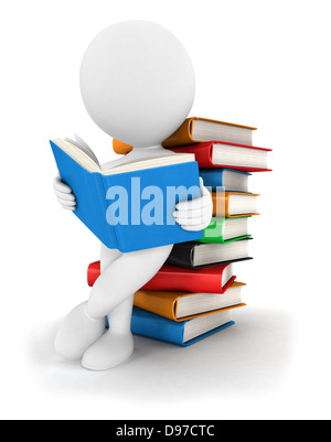 3d white people reads a book, leaning back against a pile of books, isolated white background, 3d image Stock Photo