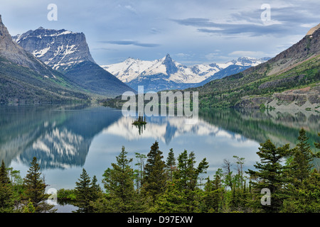 Wild Goose Island and mountain reflections in St. Mary Lake Glacier National Park Montana USA Stock Photo