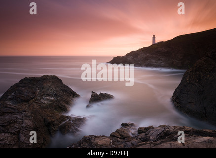 Trevose Head Lighthouse at sunrise, Cornwall. Stock Photo