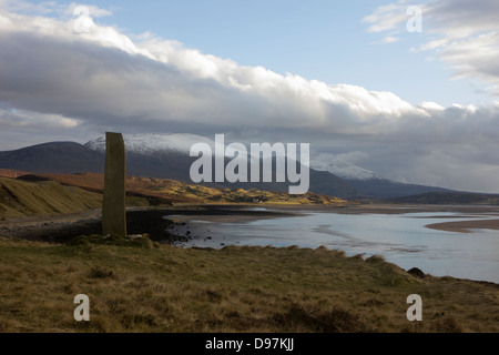 Standing stone beside the Kyle of Durness in Sutherland Stock Photo