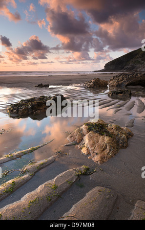 Low tide on the sandy Tregardock Beach, North Cornwall, England. Summer (July) 2012. Stock Photo