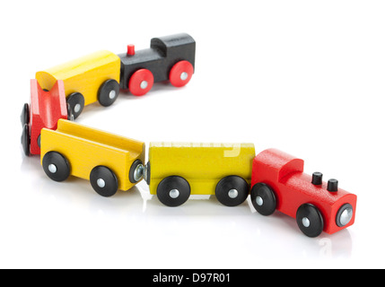 Wooden toy colored train. Isolated on white background Stock Photo